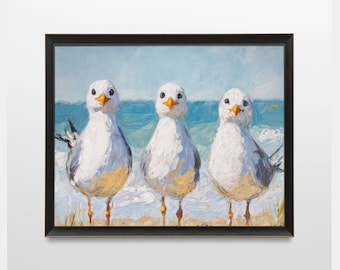 Seagulls at the Beach Wall Art, Animals on the Beach Decoration, Seagull Painting for Living Room and Bathroom Decor, Nature Poster Print