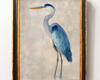 Great Blue Heron Art Print, Coastal Bird Decor, Nautical Beach Home Decor, Bird Poster Artwork,Blue Heron Oil Painting, Nature Scene