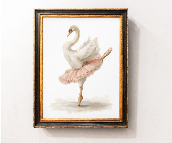 Cute Ballerina Swan Nursery  Art Print, Girl Ballet Room Print, Nursery Watercolor Decor, Nursery Printable, Tutu Swan Digital Art