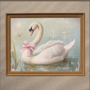 White Swan Art Print, Swan Pink bow Painting, Pink Swan Art, Girls wall art, Animal Vintage Picture Print Wall Art, Girls Cute Nursery Decor