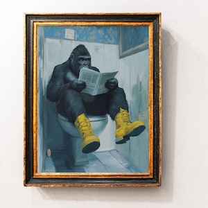Gorilla on Toilet Reading Newspaper Wall Art Print Funny Bathroom Wall print Weird Animal Print Restroom Home Decor artwork Digital Download