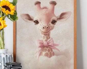 Arte murale vintage giraffa, decorazione per cameretta bambina, rosa Grandmillennial, poster giraffa fiocco rosa, decorazione vintage per cameretta bambina, stampabile