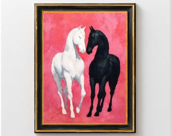 Lámina decorativa imprimible "2 caballos enamorados" / Decoración ecuestre minimalista vintage, descarga digital romántica / Lámina para el Día de San Valentín