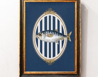 Blue Fish Art Print, Vintage Style Fish Decor, Coastal Wall Art, Nautical Printable, Ocean Fish Decor, Marine Life Print, Fishing Cabin Art
