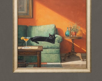 Lámina decorativa de gato negro con martini, póster de gato adorable para la cocina, decoración para bar de cócteles, arte para la habitación con gato negro, divertida ilustración de gato con cóctel.