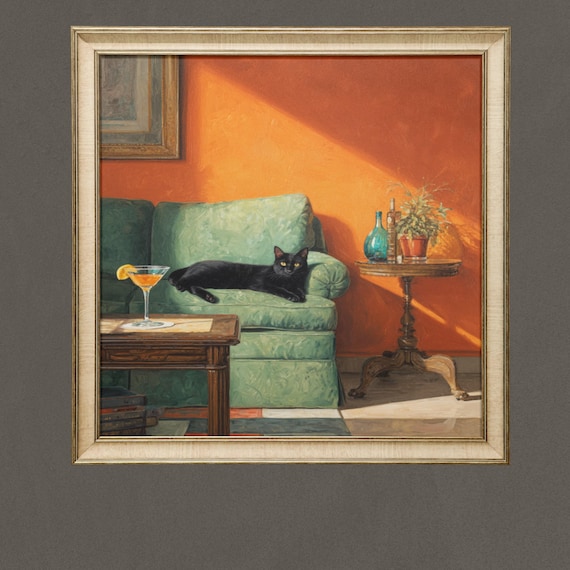 Black Cat Martini Wall Art Print, Cute Cat Kitchen Poster, Cocktail Bar Decor, Black Cat Room Art, Funny Cocktail Cat Illustration