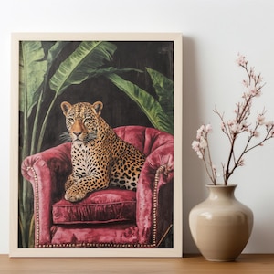 Pink leopard wall art, Trendy Wall Art, Vintage Black Puma Print, Pink Maximalist Print, Dark Boho Wall Art, Maximalist leopard Print image 2