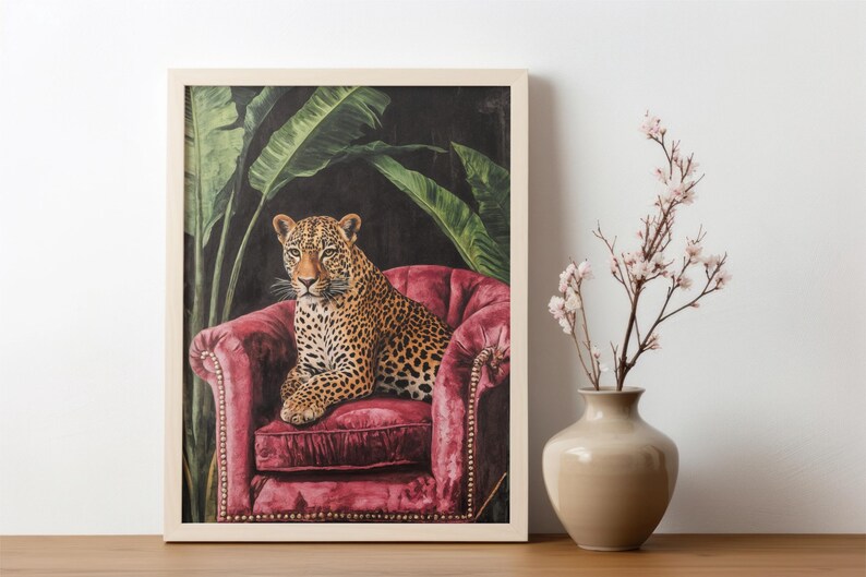 Pink leopard wall art, Trendy Wall Art, Vintage Black Puma Print, Pink Maximalist Print, Dark Boho Wall Art, Maximalist leopard Print image 2