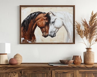 May include: A framed painting of two horses, one brown and one white, with their heads touching. The horses are painted in a realistic style and the background is a light beige.