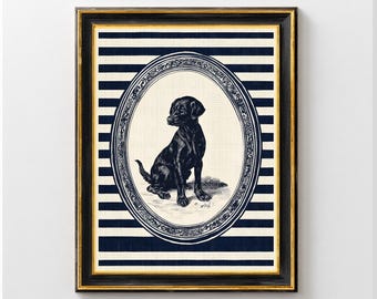 Lámina artística vintage de Labrador negro, ilustración animal, decoración rústica de granja, descarga digital, arte mural de perro negro, obra de arte rústica de mascota.