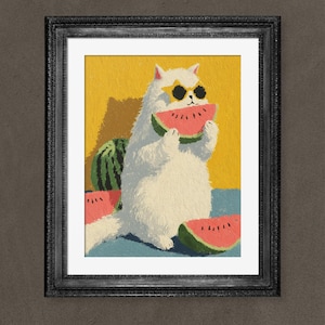Lustige weiße Katze Wassermelone Wand Kunst Druck, süße Katze Küche Poster, Küche Kunst Dekor, weiße Katze Wandkunst, Küche Katze Kunst Poster