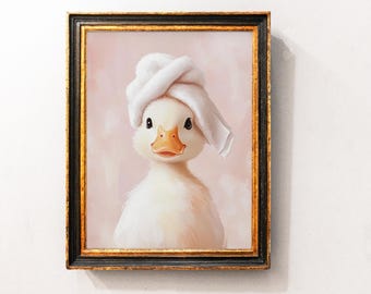Cute Duck with pink towel bathroom Wall Art Print, Vintage Duck Nursery art Decor,  Trendy Aesthetic Bathroom Decor, Duck Goose Art Poster