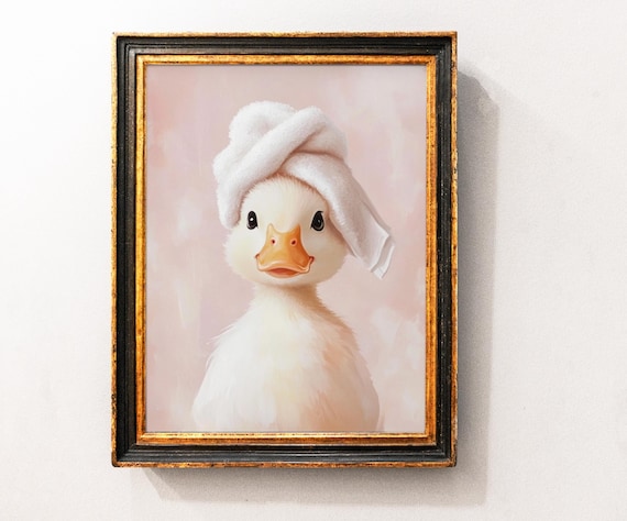 Cute Duck Wall Art Print, Vintage Nursery Decor, Pink Towel Duck Bathroom Poster, Kids Room Gift, Whimsical Goose Illustration