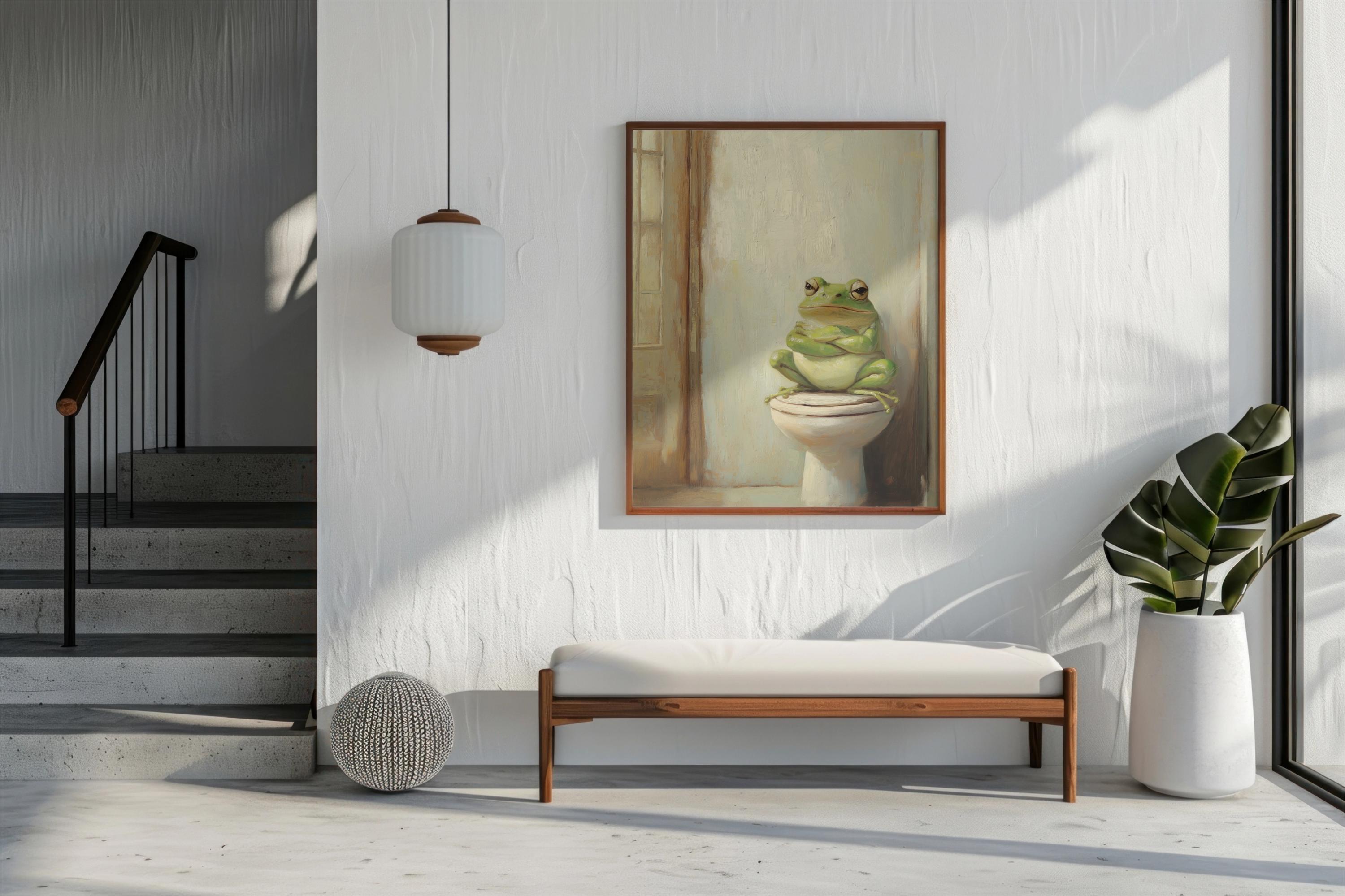 Cute Frog on Toilet Art Print, Grumpy Frog Bathroom Wall Decor, Retro ...