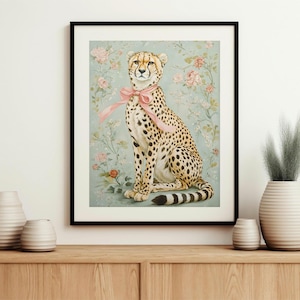 Cheetah pink bow print, modern cheetah wall art, girlie printable wall art, Pink Maximalist Print, Boho Wall Art, Maximalist cheetah Print