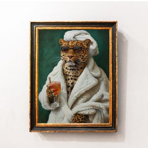 Leopard in Robe Bathroom Art Print, Animal Wall Decor, Tropical Leopard Wall Art, Funny Bathroom Artwork, Maximalist Bathroom Aesthetic