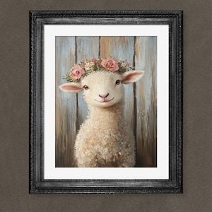 Cute Lamb vintage Print, Spring Lamb Oil Painting, cute Lamb Wall Art, lamb Print, Cottagecore Nursery, Lamb floral print