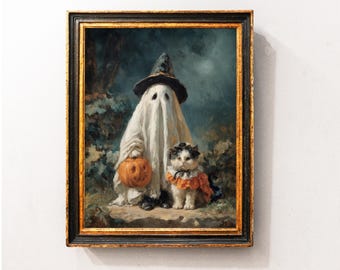 Impresión artística de pared de fantasmas en el bosque, póster imprimible de fantasmas de Halloween para guardería, lámina de arte de fantasmas, decoración de habitación de Halloween, digital