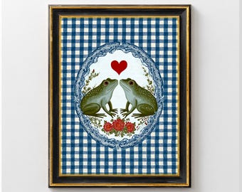 Impresión artística de pareja de ranas para San Valentín, arte romántico de pared con animales, decoración de ranas, imprimible original para San Valentín, regalo para amantes de la naturaleza.