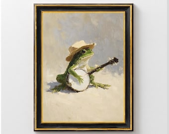 Divertida rana tocando el banjo, decoración para el hogar, decoración de pared graciosa, póster de rana retro gracioso, lámina para baño graciosa, lámina artística de rana, decoración para el hogar con ranas