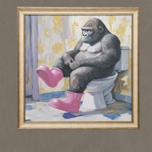 Gorilla Sitting on the Toilet Pink Boots Print, Funny Bathroom Wall Decor, Pink Funny Animal Print, Cute Animal Lover Art, Cute Pink artwork