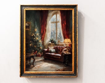 以下が含まれることがあります： 額縁に入った絵画で、居心地の良いクリスマスのシーンを描いています。赤いカーテンのある窓の近くに、装飾されたクリスマスツリーがあります。クッション付きのソファと点灯したランプが、暖かく居心地の良い雰囲気を作り出しています。
