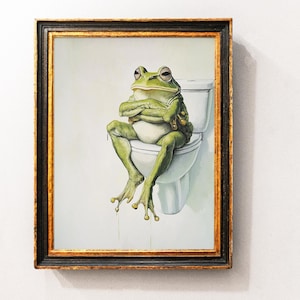 Silly Frog on Toilet Art Print, Minimalist Bathroom Wall Decor, Retro Toad Wall Poster, Vintage Frog Art Print, Cute Silly Frog Home Decor,