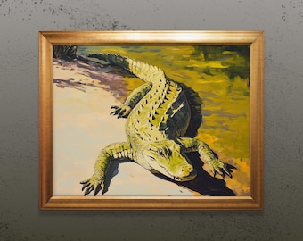 Arte de pared imprimible de cocodrilo vintage en pantano, póster estético de caimán, decoración de pared retro de caimán, regalo único para amantes de los animales, decoración de verano