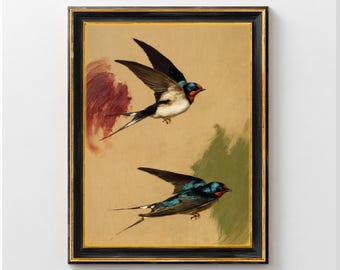 Cuadro de golondrina vintage para pared, decoración artística de aves melancólicas, lámina de estilo rústico campestre, decoración en tonos tierra, póster de aves