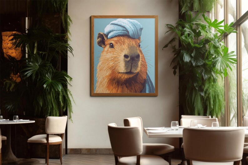 May include: A framed art print featuring a capybara wearing a blue turban and scarf. The capybara has brown fur and a light blue background. The artwork is displayed in a restaurant setting with tables and chairs.