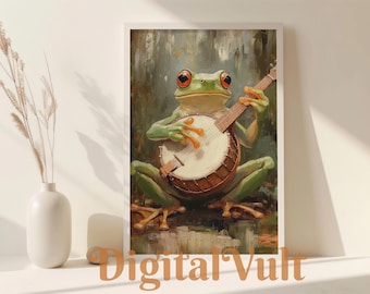 Frog Playing Banjo Wall Art Printable, Frog Playing Guitar Wall Art, Victorian Retro Frog Poster, Funny Frog Decor for Music Lovers
