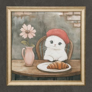 French Cat and Croissant Wall Art Print – French Kitchen Cat Painting, Cute France Decor, French Coffee Shop Style Home Wall Art