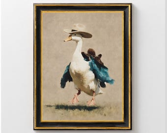 Póster imprimible de vaquero ganso gracioso, decoración infantil del oeste, póster de pato divertido, ilustración rústica vintage de ganso, decoración de pared campestre para habitación infantil.