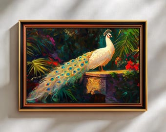 Peacock Art Print, Vintage Bird Painting for Samsung Frame TV, Colorful Wall Decor, Digital Download of Vivid Peacock Wall Art