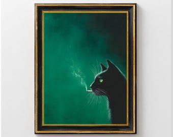 Póster artístico de un gato negro fumando un cigarrillo, pintura de gato vintage, decoración de pared con animales divertidos, arte de pared gracioso para la cocina