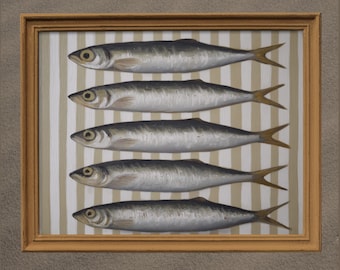 Striped Sardines Oil Painting Wall Art Print ,  Still Life  Antique  Art, Fish Wall Print, Kitchen Wall Decor, Nautical Fish Home Art