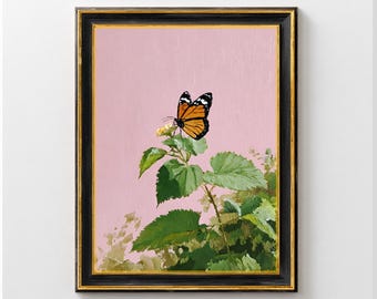 Decoración para el hogar con mariposas monarca, obras de arte vintage de polillas, decoración de pared estilo cottagecore con mariposas, pintura vintage de polillas, arte de naturaleza muerta natural.