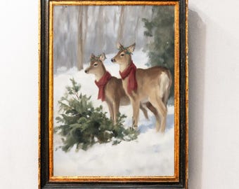Lámina artística de renos navideños, arte mural para las fiestas de invierno, decoración navideña, descarga digital de ciervos, lámina navideña rústica para imprimir, arte invernal acogedor.