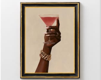 Black Girl Holding Martini Glass Art Print,Trendy Black Girl Wall Art,  Black Girl Art, African Home Decor, Classy Black Woman Decor