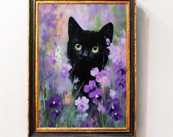 Lámina artística floral de gato negro, póster de gato y flor violeta, lámina imprimible de gato y flor violeta, decoración floral para el hogar, pintura al óleo de gatito adorable