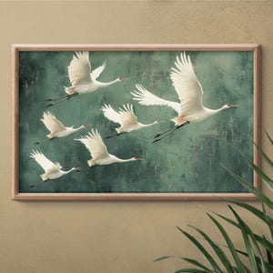 Flying Cranes wall art Print, Vintage Bird Prints, Antique Japanese Wall Art, Green Decor, Japanese Style Artwork, Boho Bird Wall Decor image 7