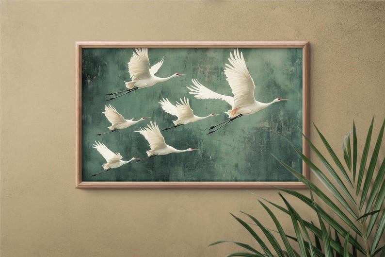 Flying Cranes wall art Print, Vintage Bird Prints, Antique Japanese Wall Art, Green Decor, Japanese Style Artwork, Boho Bird Wall Decor image 7