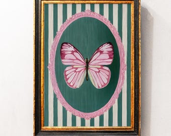 Lámina artística vintage de mariposa rosa, obra de arte de polilla antigua, decoración de mariposa a cuadros para el hogar, pintura rústica de insectos, descarga digital