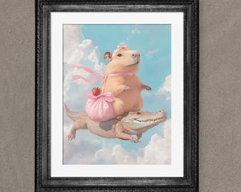 Capybara reitet Alligator, niedliches Capybara Poster, Druck, niedliches Capybara Badezimmer Kunst, Vintage Capybara Malerei, Abenteuer Poster, lustige Tierkunst