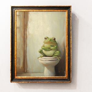 Cute Frog on Toilet Art Print, Grumpy Frog Bathroom Wall Decor, Retro Toad Wall Poster, Vintage Frog Art Print, Frog Home Decor, Digital Art
