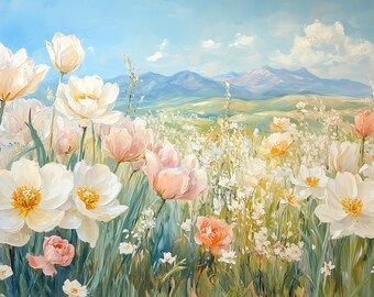 Impressão de campo de flores de peônia de verão, arte de parede de peônias, arte moderna vintage de peônia, pintura a óleo de peônia, arte de belas flores de verão, arte digital