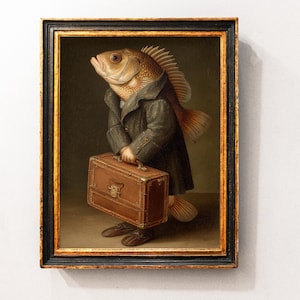 Vintage Fish Art Print, Still Life Suitcase Painting, Nautical Sea Life Wall Art for Coastal Home & Fish Restaurant, Vintage Sea Life Print