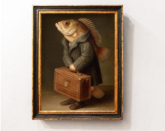 Vintage Fish Art Print, Still Life Suitcase Painting, Nautical Sea Life Wall Art for Coastal Home & Fish Restaurant, Vintage Sea Life Print