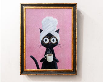 花柄の猫アート、面白い黒猫プリント、風変わりなホームデコレーション