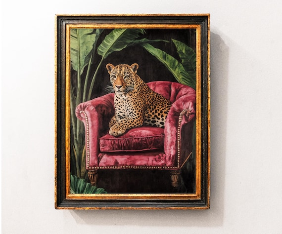 Pink leopard wall art, Trendy Wall Art, Vintage Black Puma Print, Pink Maximalist Print, Dark Boho Wall Art, Maximalist leopard Print